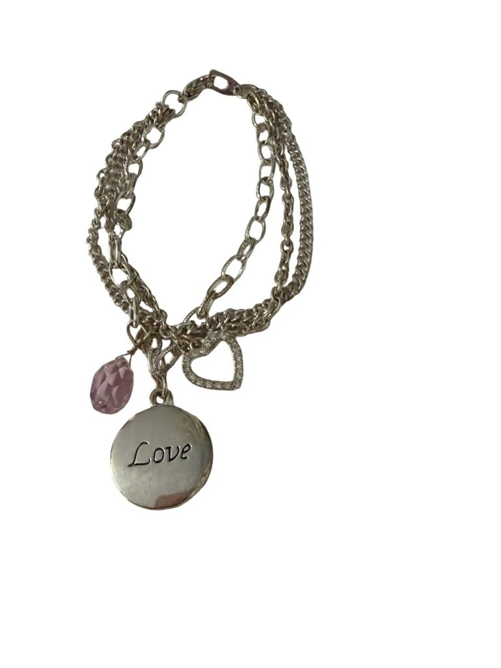 Silver Tone Multi Strand Love Heart Charm Bracelet Pink Bead 7 Inch